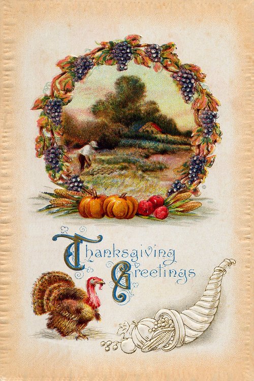 Victorian Thanksgiving Greetings Card with Harvest Wreath & Turkey