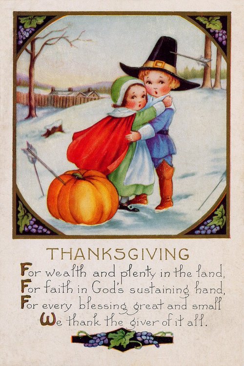 Vintage Thanksgiving Greeting Card with Children & Pumpkin