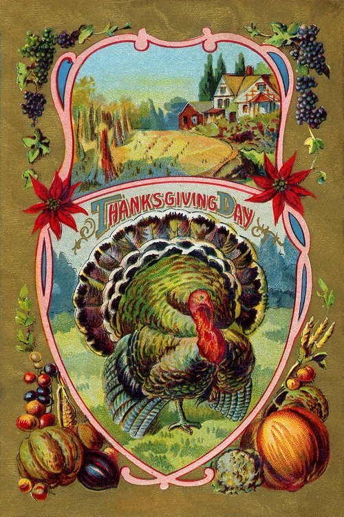 Vintage Thanksgiving Day Card with Turkey & Farmhouse Scene