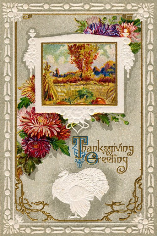 Victorian Thanksgiving Greeting Card with Autumn Harvest Scene