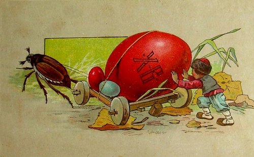 Vintage Children's Greeting Card: Beetle & Boy with Giant Red Easter Egg