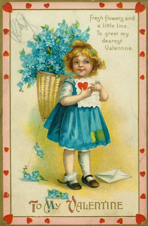 Victorian Valentine Girl with Blue Forget-Me-Nots Chromolithograph