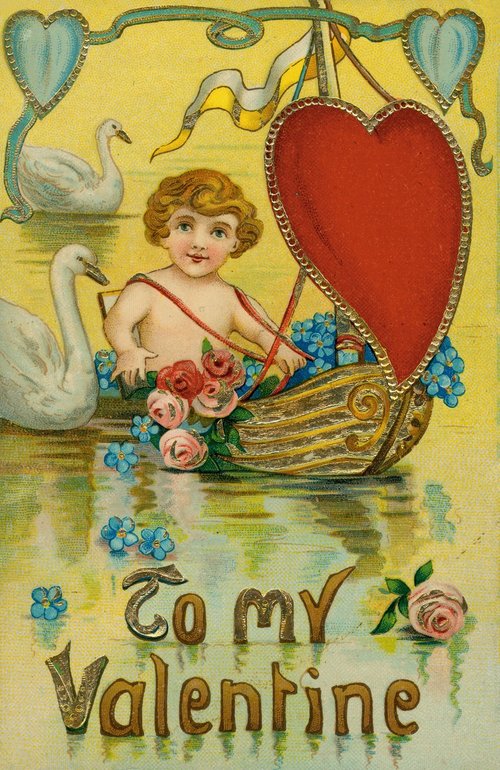 Victorian Valentine's Day Greeting Card with Cupid and Swans