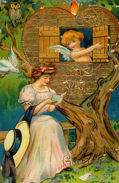 Victorian Greetings Card: Woman Reading Under Tree with Cherub