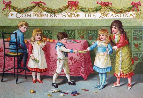 Victorian Children Christmas Greeting Card - Compliments of the Season