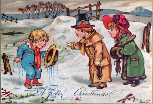 Victorian Christmas Greeting Card Winter Children Snow Scene