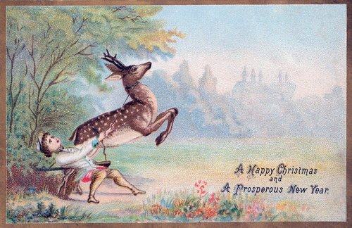 Victorian Christmas Card with Cherub and Reindeer - Holiday Greeting