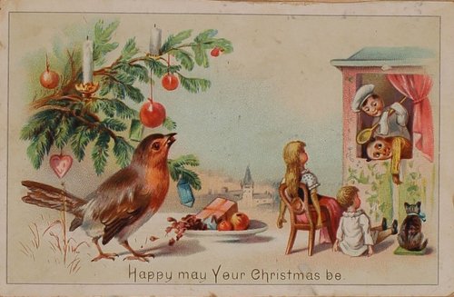 Victorian Christmas Card with Robin, Children & Holiday Decorations