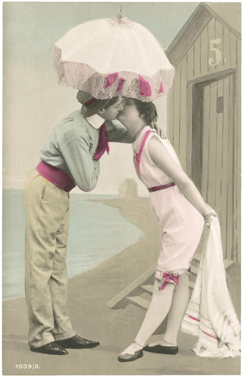 Edwardian Flirtation Under Umbrella - Hand-Tinted Greeting Card