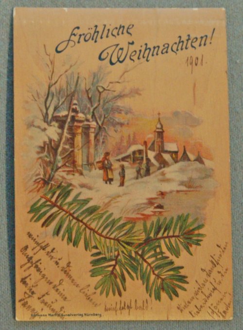 1901 German Christmas Greeting Card with Winter Village Scene