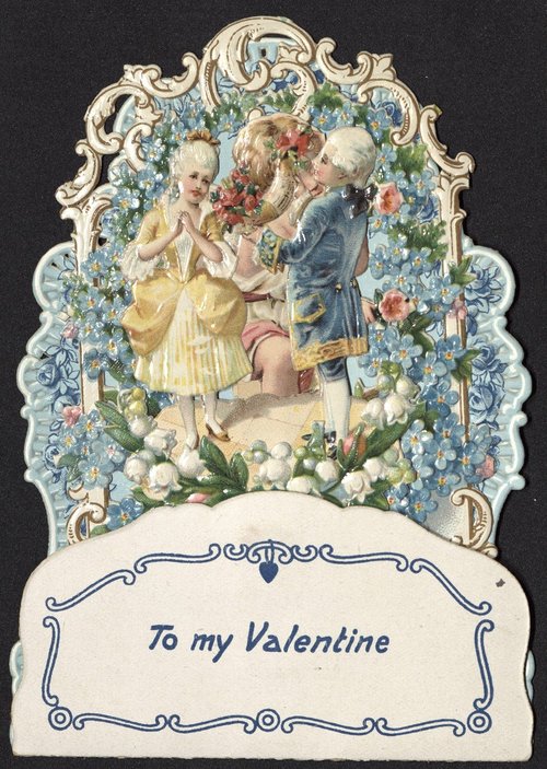 Victorian Valentine's Day Greeting Card with Romantic Figures & Flowers
