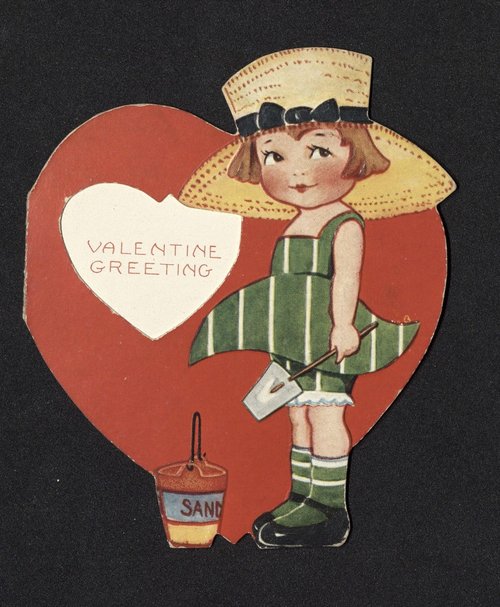 Vintage Valentine Greeting Card with Girl in Green Dress, 1920s-1930s