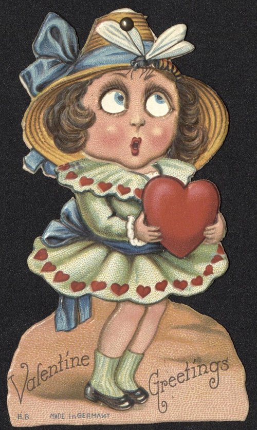 Vintage German Valentine Girl with Heart Die-Cut Card