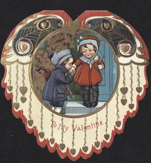 Victorian Valentine Die-Cut: Winter Children in Red & Blue