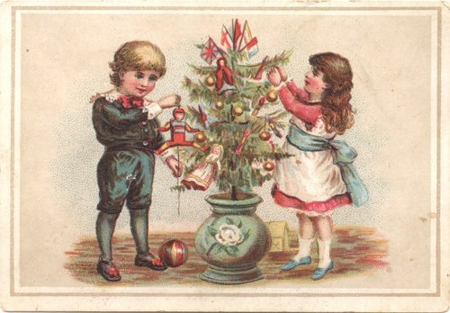 Victorian Christmas Children Decorating Tree - Vintage Holiday Card