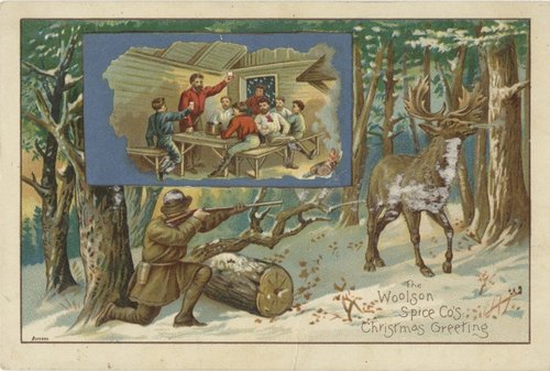 Victorian Christmas Greeting Card with Hunter & Cabin Scene