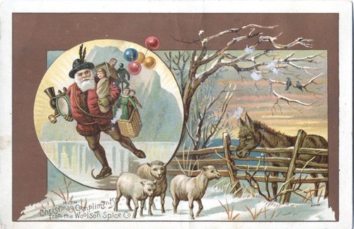 Victorian Christmas Greeting Card with Santa & Winter Animals