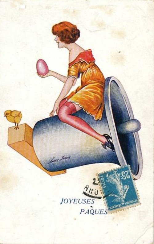 Art Deco Easter Postcard Woman Riding Bell 1920s