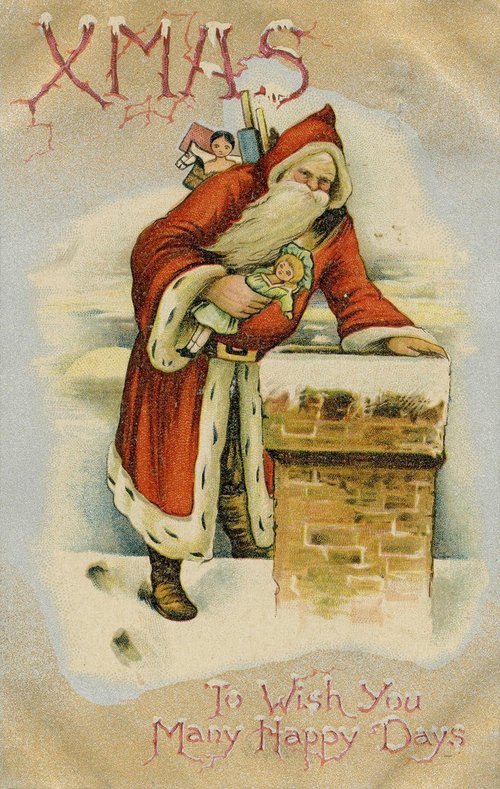 Victorian Christmas Santa Chimney Greeting Card with Dolls