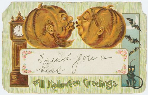 Victorian Halloween Greeting Card Kissing Jack-o-Lanterns Bats Cat