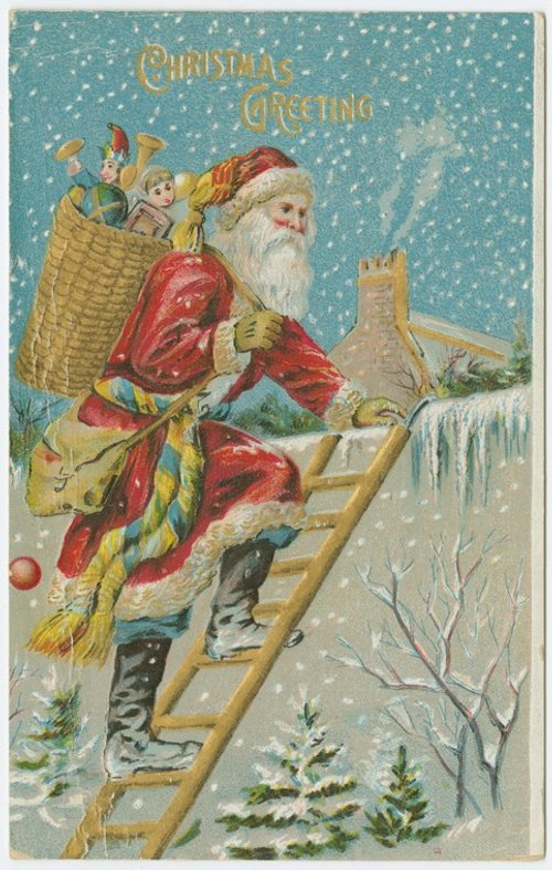 Victorian Christmas Greeting Card Santa Ladder Rooftop Snow