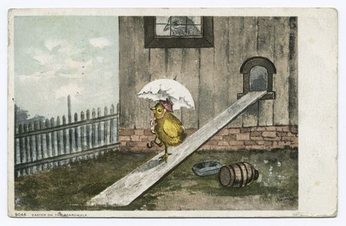 Edwardian Easter Postcard Chick on Boardwalk with Parasol 1900s