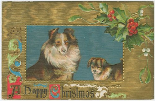 Victorian Christmas Postcard Collie Dog & Puppy Embossed Gold Holly