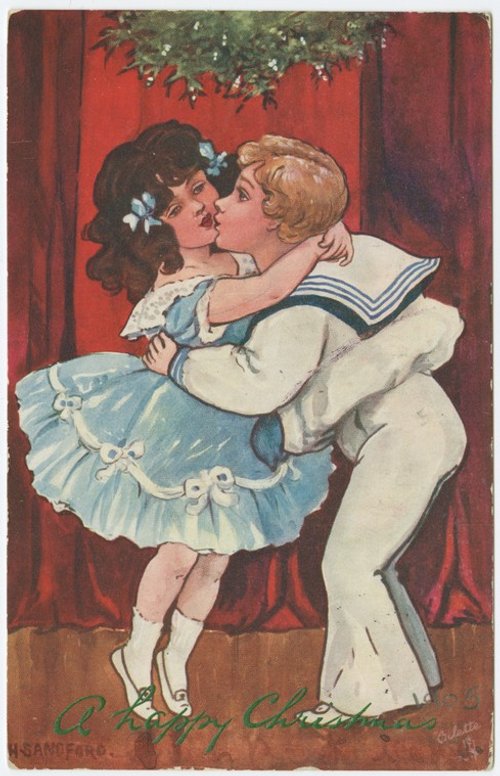 Edwardian Christmas Card Children Kissing Under Mistletoe