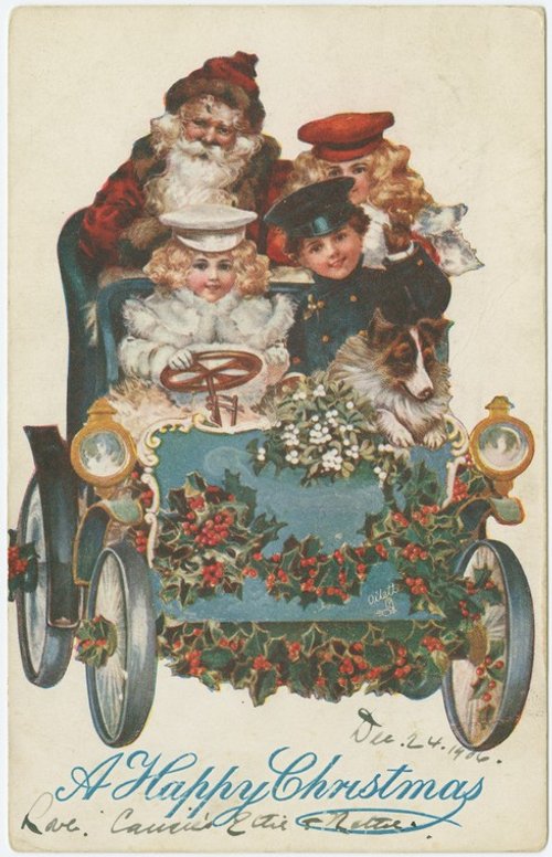 Edwardian Christmas Postcard Santa Automobile Holly 1906