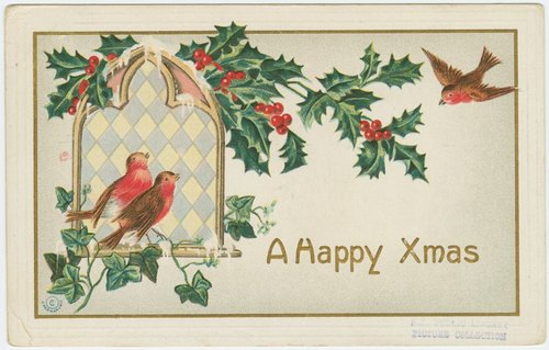 Victorian Christmas Postcard Robin Redbreasts Holly Window
