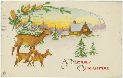 Edwardian Christmas Card Deer Family Snow Cottage Scene