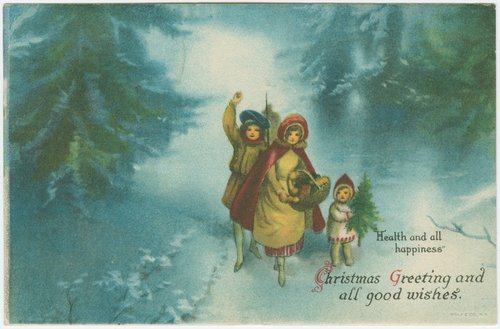 Edwardian Christmas Postcard Children Walking Snowy Forest