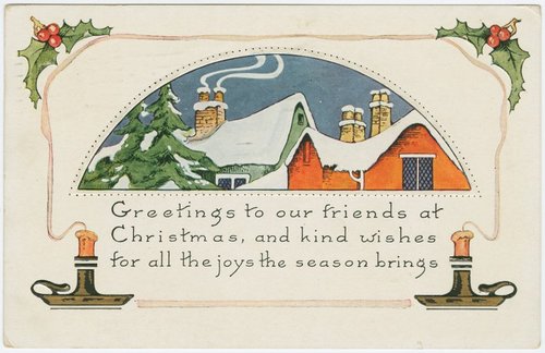 1910s Art Deco Christmas Postcard Snow Cottage Holly Candles
