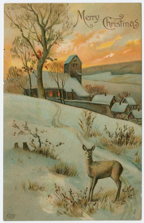 Edwardian Christmas Card Winter Village Scene with Deer