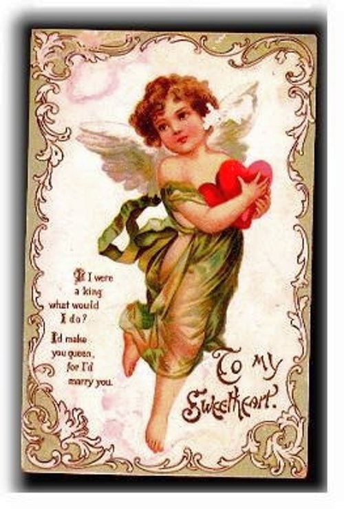 Victorian Cherub Valentine Card with Red Hearts, Circa 1890s