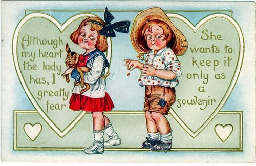 Vintage Edwardian Valentine Card with Girl and Boy, and Small Dog