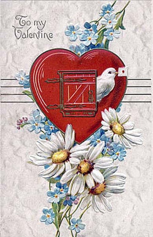 Victorian Valentine Card with Red Heart Mailbox and Daisies
