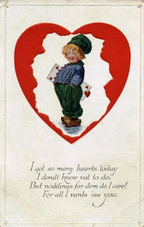 Edwardian Valentine Card with Boy in Green Hat & Red Heart