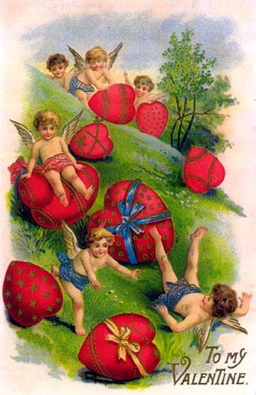 Victorian Valentine with Cherubs and Giant Hearts Greeting Card