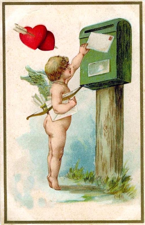 Victorian Cupid Mailbox Valentine Card - Winged Cherub