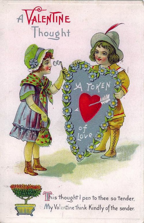 Edwardian Valentine's Day Card: Children with Token of Love