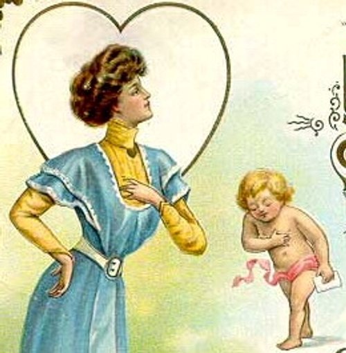 Victorian Valentine Greeting Card with Cupid - Elegant Woman Portrait