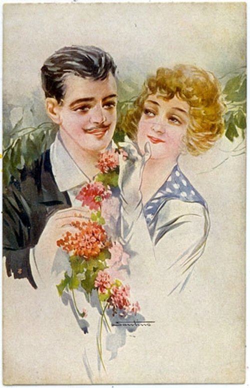 Edwardian Romance Couple with Pink Flowers Vintage Greeting Card