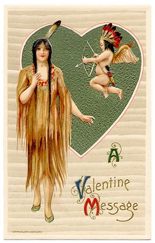 Vintage Valentine Card with Cupid and Native American-Dressed Maiden