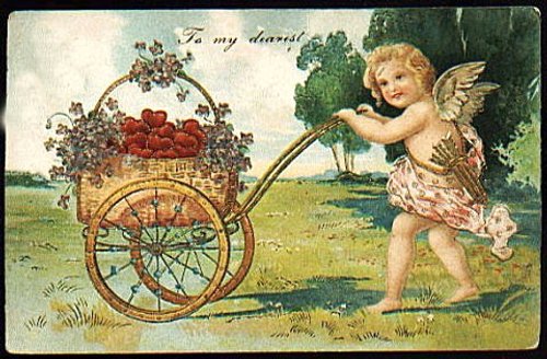 Victorian Cherub Flower Cart Greeting Card | Vintage Angel Art