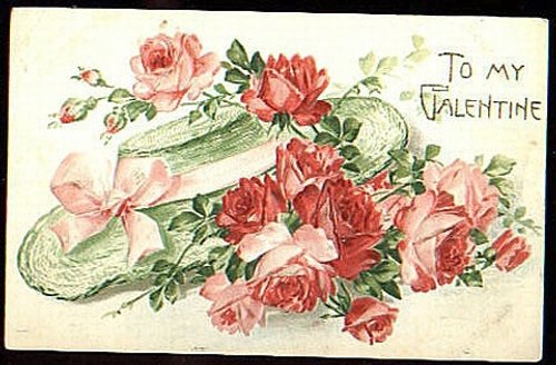Victorian Valentine Greeting Card with Roses and Hat