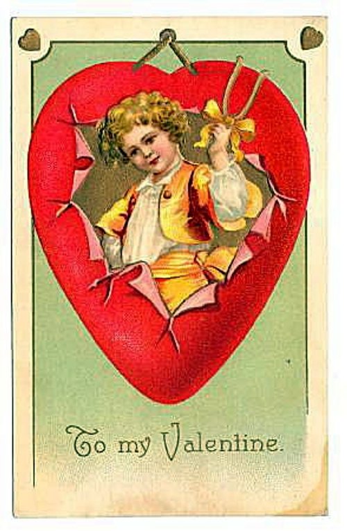 Victorian Valentine Cherub in Red Heart Die-Cut Greeting Card