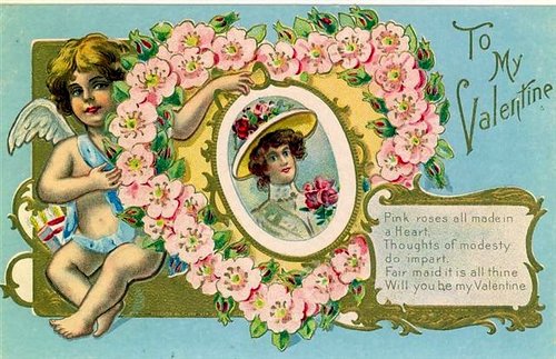 Victorian Valentine's Day Greeting Card with Cherub & Pink Flowers