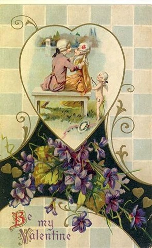 Victorian Valentine Card Couple Cupid Violets Romantic Scene