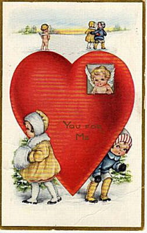 Victorian Valentine's Day Greeting Card with Giant Heart and Children